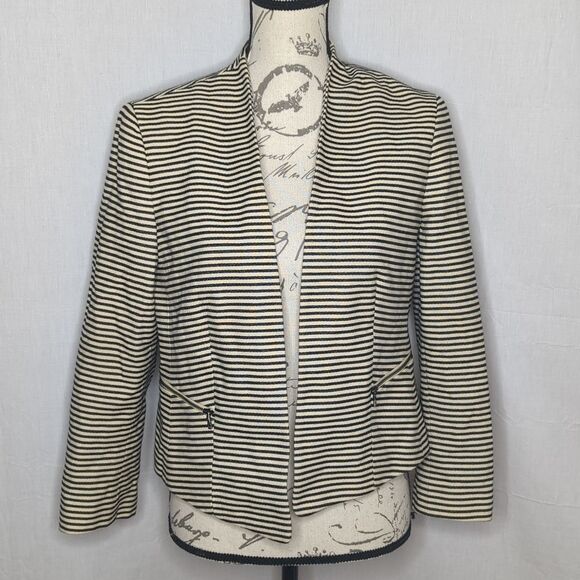 Ann Taylor Black/Cream Striped Blazer Size 12P EUC - Picture 1 of 3